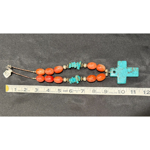 Solid Turquoise Cross Necklace Coral and Sterling Nuggets Heishi Beads 22" 114 g - Picture 9 of 13